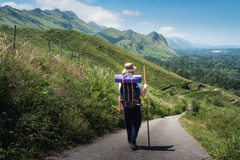 Pilgrim walking among mountains