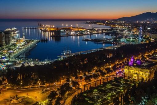 Night view of the port in Malaga