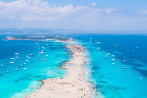 Aerial view of Ses Illetes beach in Formentera in the Balearic Islands