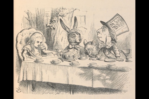 Alice auf der Teeparty des verrückten Hutmachers, Illustration für John Tenniels Alice im Wunderland, 1865