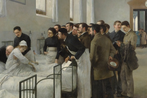 Una sala del hospital durante la visita del médico en jefe. Luis Jiménez Aranda. Óleo sobre lienzo, 290 x 445 cm. 1889