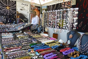 Shell craft stalls at the Seafood Festival in O Grove (Pontevedra, Galicia)