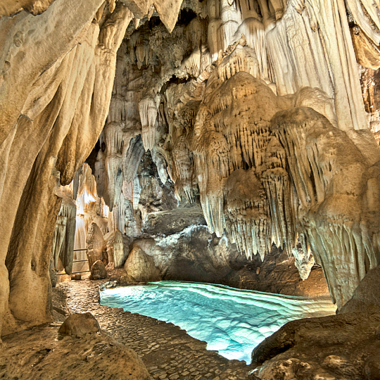 View of the Gran Salón in the Gruta de las Maravillas in Aracena. Huelva, Andalusia