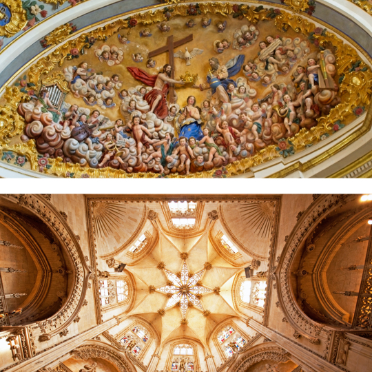 Sopra: Dettaglio della Sacrestia della Cattedrale di Burgos, Castiglia e León © Juan Carlos Marcos / Sotto: Cupola della Cappella del Connestabile nella Cattedrale di Burgos, Castiglia e León