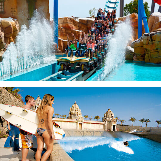 Sopra: Port Aventura, Tarragona. Sotto: Piscina ad onde di Siam Park, Tenerife.