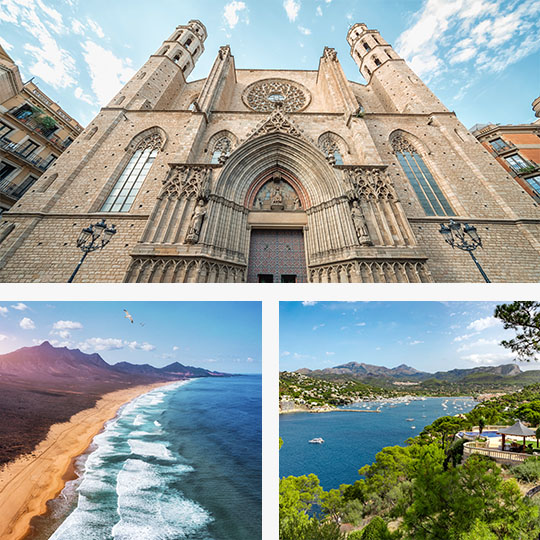 Sopra: Basilica di Santa María del Mar a Barcellona, ​​​​Catalogna / Sotto a sinistra: Spiaggia di Cofete a Fuerteventura, Isole Canarie / In basso a destra: Port Andraxt a Maiorca, Isole Baleari