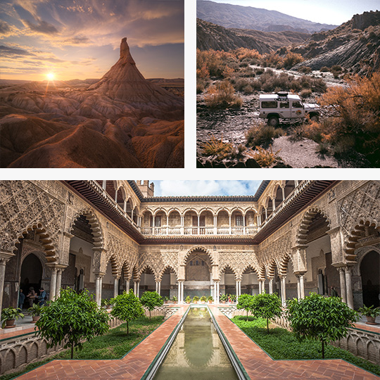 Sopra a sinistra: Deserto delle Bardenas in Aragona / In alto a destra: Deserto di Tabernas in Andalusia / Sotto: Alcazar Reale di Siviglia