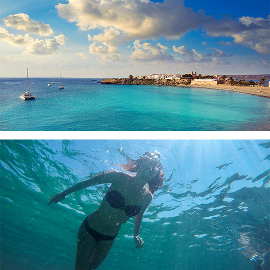 Above: beach in Tabarca. Below: girl snorkeling on the island