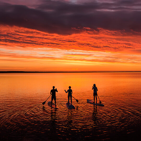 Tres personas haciendo paddle surf al atardecer