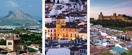 Слева: Вид на Пенья-де-лос-Энаморадос со стороны Антекеры в Малаге, Андалусия / Центр: Исторический центр Антекеры в провинции Малага, Андалусия / Справа: Крепость Алькасаба в Антекере в провинции Малага, Андалусия