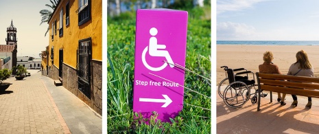 À gauche : Rue accessible à San Cristóbal de La Laguna (© Turismo Tenerife) / Centre : Signalisation accessible indiquant un itinéraire sans marches (© Yomex Owo) / À droite : Tourisme accessible dans la zone de la plage.