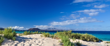 Vista das dunas de Corralejo, em Fuerteventura, Ilhas Canárias