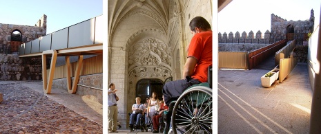 À gauche : Section accessible de la Muraille d'Ávila (© Ayto. de Ávila) /Centre : visite de Ségovie adaptée aux personnes à mobilité réduite (© Mairie de Ségovie) / À droite : Détail de la rampe d'accès à la muraille d'Ávila (© Ayto. de Ávila).