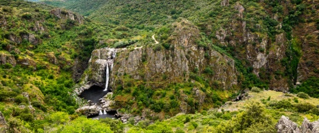 View of the Pozo de los Humos waterfall in the Arribes del Duero Natural Park, Salamanca