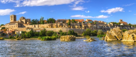 Veduta del fiume Duero mentre attraversa la città di Zamora, Castiglia e León