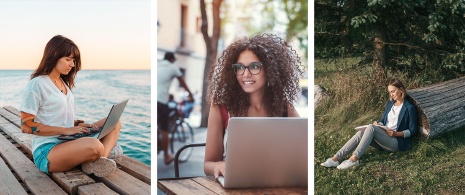 Imagens de pessoas trabalhando em diferentes ambientes: praia, cidade e natureza