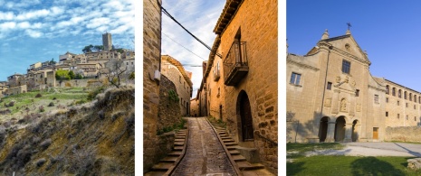 Izquierda: Vista de la villa sobre peña Feliciana / Centro: Calle en el caso viejo de Sos del Rey Católico en Zaragoza, Aragón / Derecha: Vista el Monasterio de Nuestra Señora de Valentuñana