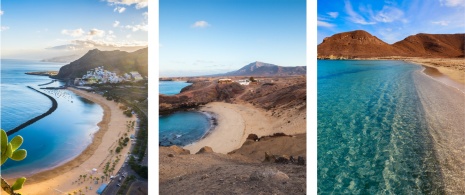 À gauche : Playa de las Teresitas à Tenerife, Îles Canaries / Centre : Plage de Lanzarote, Îles Canaries / Droite : Plage de Rodalquilar, province d