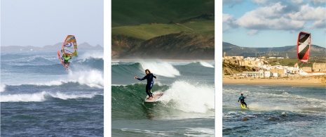 Left: Windsurfer in Corralejo, Fuerteventura, Canary Islands © Miha Travnik / Centre: Longboard surfer in San Vicente de la Barquera, Cantabria © DavidSamperio / Right: Man practicing kitesurfing in Tarifa, Cadiz, Andalusia