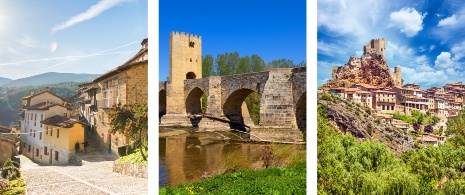 Sinistra: Particolare delle strade di Frías/Centro: Ponte Medievale / A destra: Mastio di Frías a Burgos, Castiglia e León