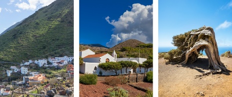 Sinistra: Veduta di Sabinosa/Centro: Chiesa della Virgen de los Reyes/Destra: Albero di Sabina a El Hierro, Isole Canarie