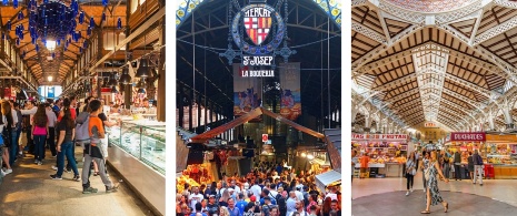 À gauche : Détail du marché de San Miguel à Madrid, Communauté de Madrid / Au centre : Entrée de la Boqueria à Barcelone, Catalogne / Droite : Vue du Mercado Central à Valence, Comunidad Valenciana