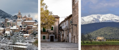 Izquierda: Vista de Valldemossa nevada / Centro: Casco antiguo de Valldemossa en Mallorca, Islas Baleares / Derecha: Paisaje rural cerca de la sierra de Tramuntana