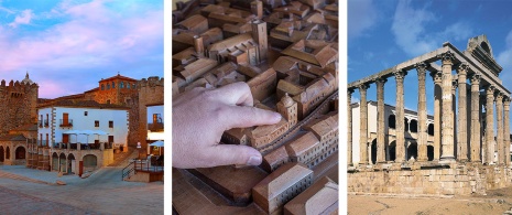 À gauche : Plaza Mayor de Cáceres, Extremadura / Centre : Modèle tactile de Cáceres pour les personnes souffrant d'un handicap dans le centre d'accueil des visiteurs / À droite : Temple de Diane à Mérida, Badajoz, Estrémadure.