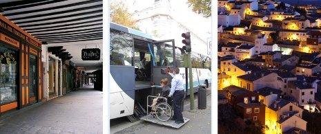 À gauche : Calle Mayor d'Alcalá de Henares, qui a subi des adaptations pour offrir un itinéraire accessible aux personnes à mobilité réduite / Centre : aide à l'accès aux bus touristiques (© PREDIF) / À droite : vue des Casas Colgadas de Cuenca