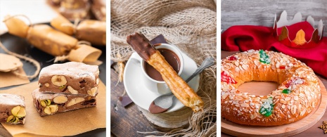 Von links nach rechts: Nougat, Schokolade mit Churros, Kuchen der Heiligen Drei Könige