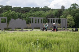 Tourists on a greenway in Girona, Catalonia